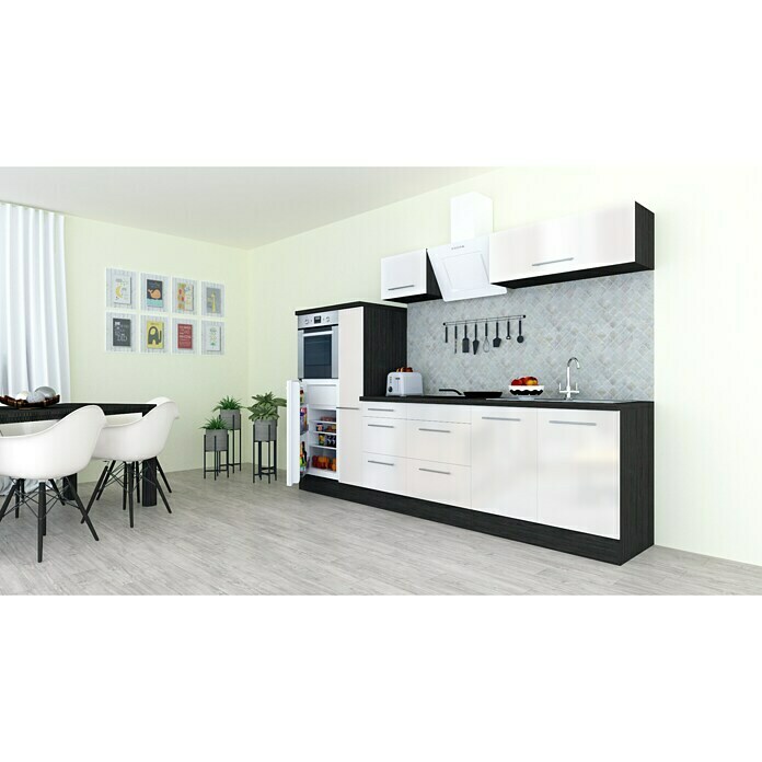 Respekta Premium Composición de cocina (Ancho: 300 cm, Con dispositivos eléctricos, Blanco de alto brillo)