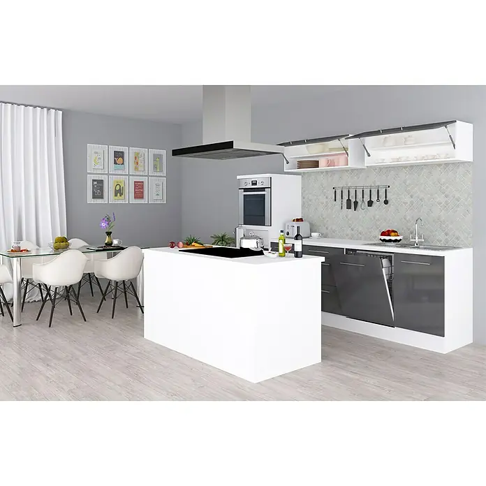 Respekta Premium Inselküche RP280IWGCBO - Breite: 280 cm, Grau, Mit Elektrogeräten - Eine moderne Küche mit einer Kochinsel, einem Esstisch und hochglänzenden Schränken. Das Design ist minimalistisch und funktional.