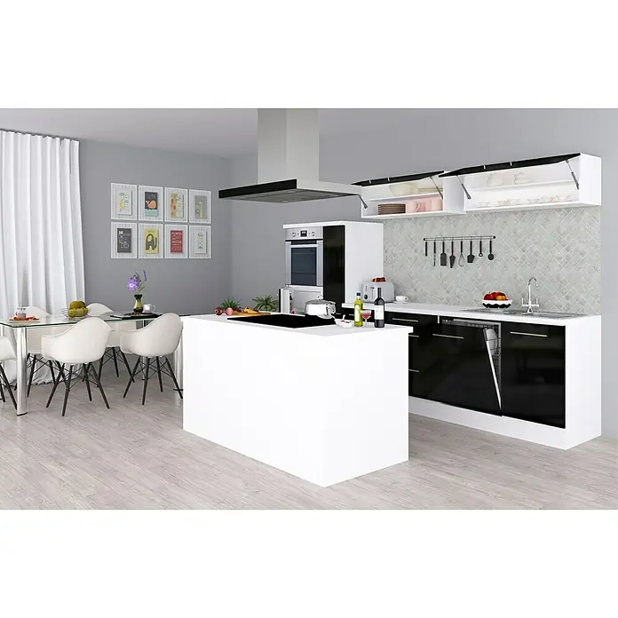 Respekta Premium Cocina de isla Amanda - Ancho: 310 cm, Negro, Con electrodomésticos - Imagen de una cocina moderna con isla blanca, detalles negros y zona de comedor. El diseño es minimalista y elegante.