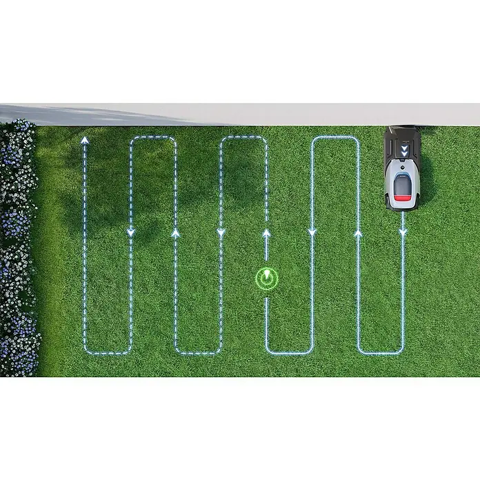 Dreame Mähroboter A2 2000 - 2.000 m², Schnittbreite: 22 cm, Laser-gestützte Navigation, LiDAR - Ein Robotermäher navigiert präzise durch einen Garten, geführt von einem vorgegebenen Pfad, um eine effiziente Rasenpflege zu gewährleisten.