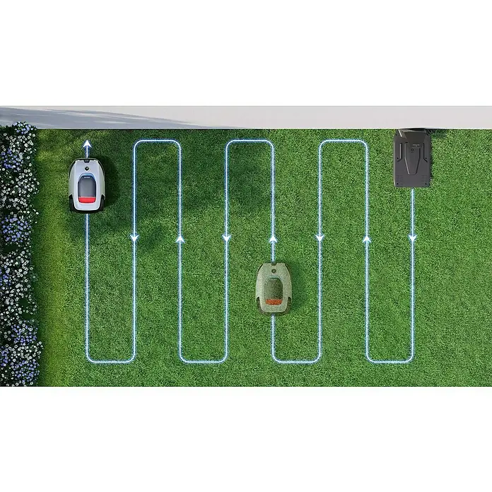 Dreame Mähroboter A2 2000 - 2.000 m², Schnittbreite: 22 cm, Laser-gestützte Navigation, LiDAR - Rasenroboter navigiert autonom über den Rasen, folgt einem vorgegebenen Pfad mit blauen Pfeilen, um eine effiziente Rasenpflege zu gewährleisten.