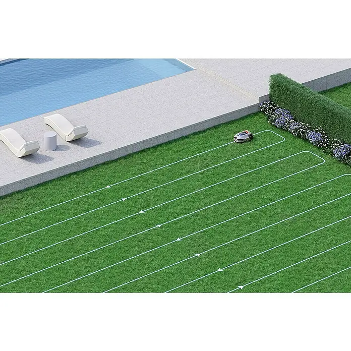 Dreame Mähroboter A2 2000 - 2.000 m², Schnittbreite: 22 cm, Laser-gestützte Navigation, LiDAR - Ein Rasenmähroboter mäht den Rasen neben einem Schwimmbad und einem gepflegten Garten. Der Roboter folgt einem klaren, effizienten Muster.