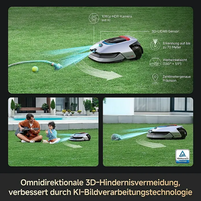 Dreame Mähroboter A2 2000 - 2.000 m², Schnittbreite: 22 cm, Laser-gestützte Navigation, LiDAR - Rasenmähroboter mit 3D-Hindernisvermeidung und KI-Bildverarbeitungstechnologie, ausgestattet mit 1080p HDR-Kamera und 3D-LIDAR-Sensor.