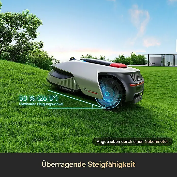 Dreame Mähroboter A2 2000 - 2.000 m², Schnittbreite: 22 cm, Laser-gestützte Navigation, LiDAR - Der Edgemaster A2 Rasenmähroboter mit hervorragender Steigfähigkeit, angetrieben durch einen Nabenmotor, für bis zu 50% Steigung.