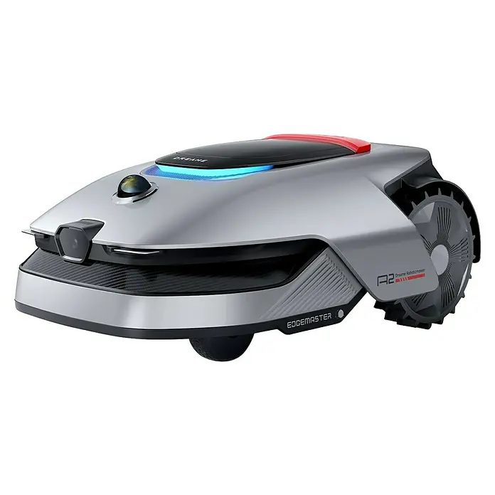 Dreame Mähroboter A2 2000 - 2.000 m², Schnittbreite: 22 cm, Laser-gestützte Navigation, LiDAR - Ein silberner Dreame Edgemaster Rasenmähroboter mit rotem Akzent und intelligenter Navigationstechnologie für einen präzisen Schnitt.