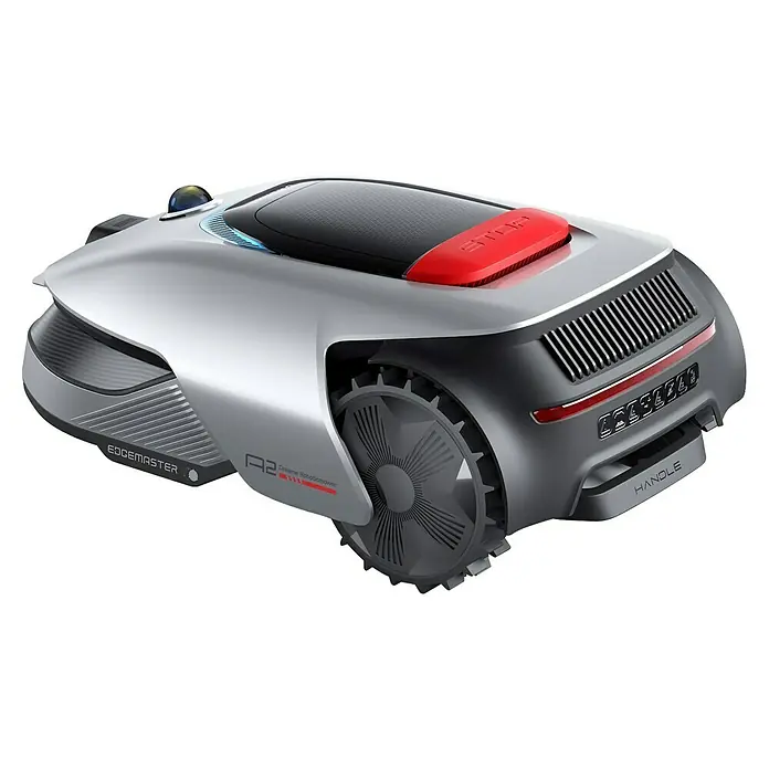 Dreame Mähroboter A2 2000 - 2.000 m², Schnittbreite: 22 cm, Laser-gestützte Navigation, LiDAR - Das Bild zeigt einen hochmodernen Mähroboter mit einem schlanken Design in Silber, Schwarz und Rot für die Rasenpflege.