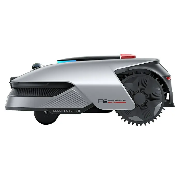 Dreame Mähroboter A2 2000 - 2.000 m², Schnittbreite: 22 cm, Laser-gestützte Navigation, LiDAR - Das Bild zeigt einen silberfarbenen Dreametech Edgemaster A2 Robotermäher mit markanten Rädern und einem schlanken Design.
