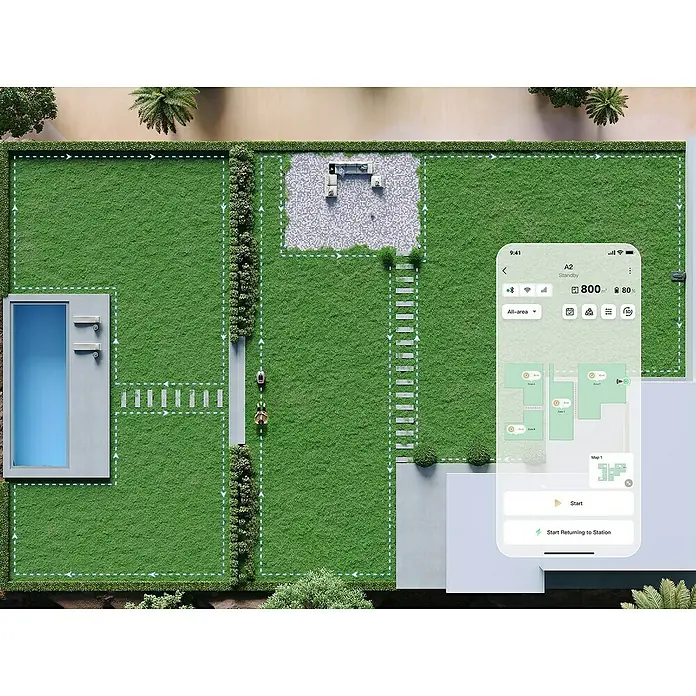Dreame Mähroboter A2 2000 - 2.000 m², Schnittbreite: 22 cm, Laser-gestützte Navigation, LiDAR - Draufsicht auf einen Garten mit einem Rasenmäherroboter und einer Smartphone-App zur Steuerung des Roboters.