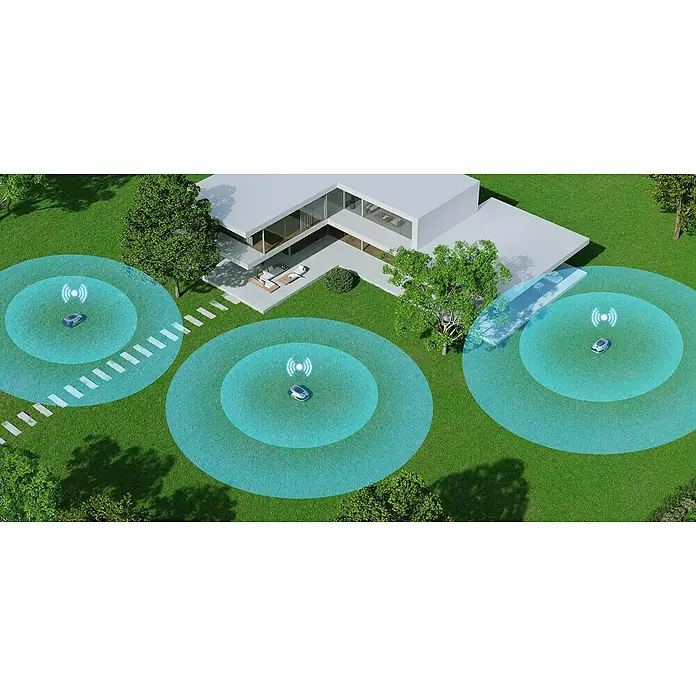 Dreame Mähroboter A2 2000 - 2.000 m², Schnittbreite: 22 cm, Laser-gestützte Navigation, LiDAR - Ein Rasenroboter mäht den Rasen mit mehreren kreisförmigen Bereichen in einem modernen Garten.