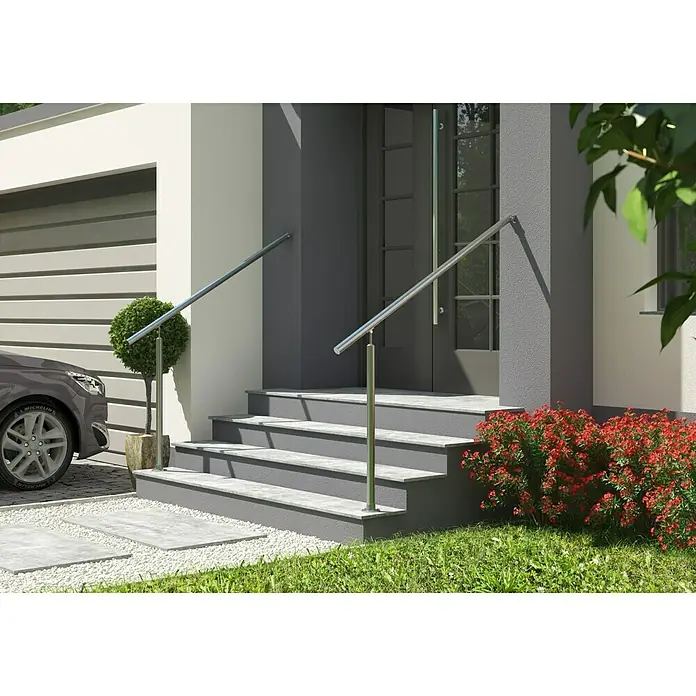 Dolle Geländer-Set PS 510 - Oberbodenmontage, Edelstahl V2A, Länge: 150 cm - Außenaufnahme eines Hauses mit modernem Edelstahlhandlauf an einer Außentreppe. Der Handlauf sorgt für Sicherheit und einen modernen Look.