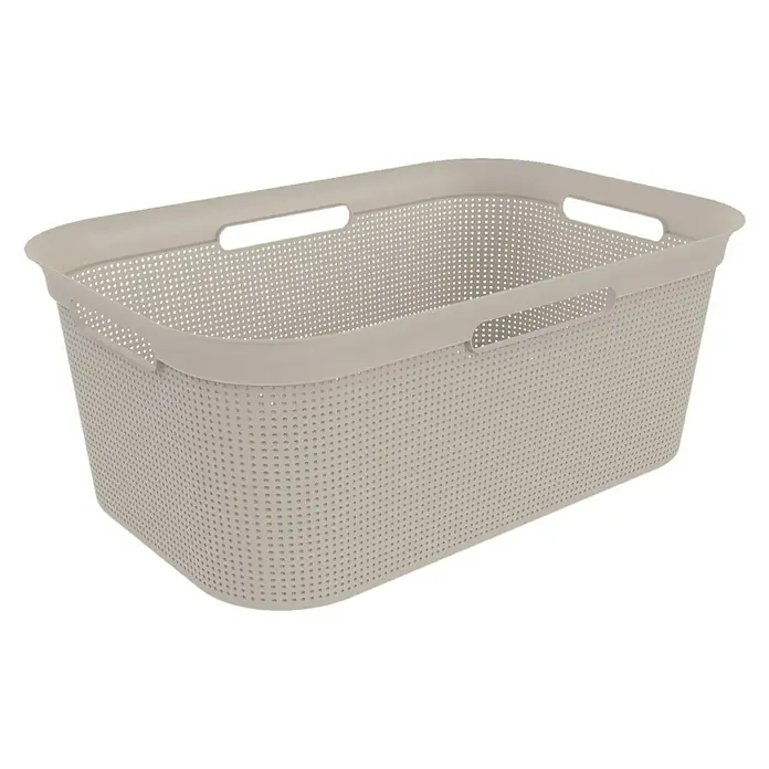 Rotho Wäschekorb Brisen - L x B x H: 59,6 x 39,6 x 23,2 cm, Kunststoff, Cappuccino - Ein grauer Wäschekorb aus Kunststoff mit kleinen Löchern und Griffen an den Seiten. Ideal für Wäsche oder andere Aufbewahrungsbedürfnisse.