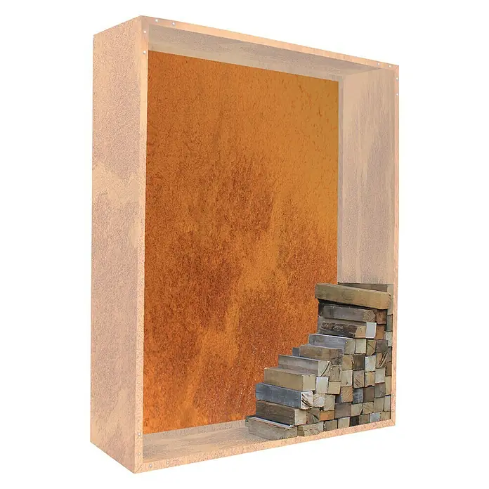Palatino Exclusive Line Rückwand Woodpecker - 150 x 180 cm, Passend für: Palatino Exclusive Line Brennholzregal Woodpecker - Ein rechteckiges Regal aus Holz mit einer orangefarbenen Rückwand. Vorne im Regal befindet sich ein Stapel Holzscheite.