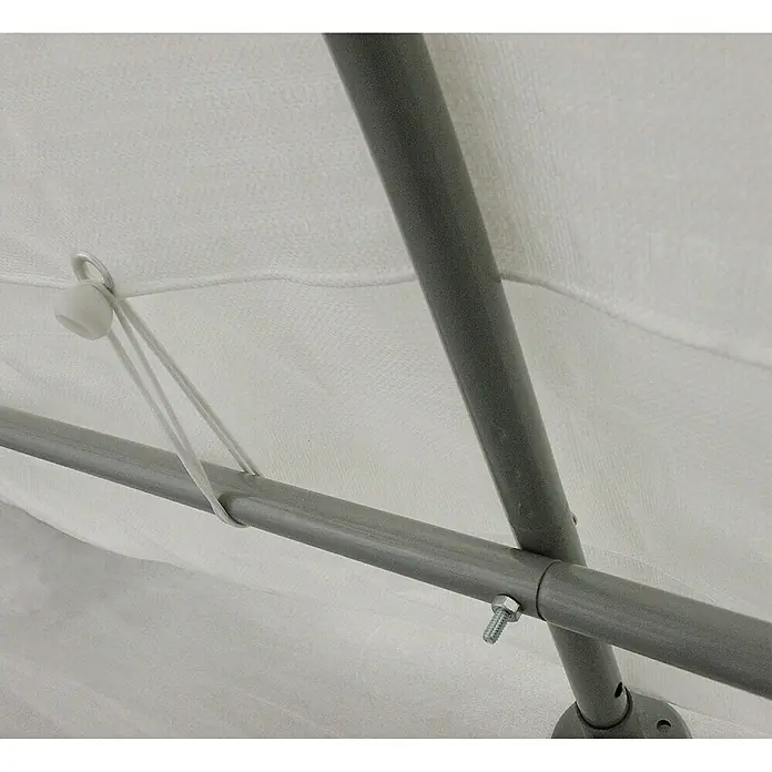 ShelterLogic Folien-Gewächshaus - 240 x 180 x 200 cm, Aluminium - Detailansicht eines weißen Partyzeltes mit grauen Metallstangen und Befestigungsdetails.
