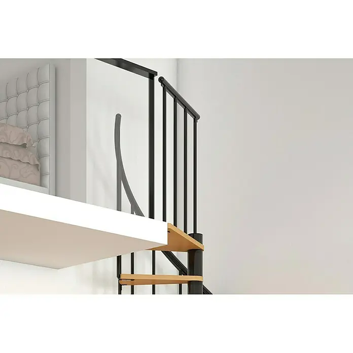 Dolle Spindeltreppe Calgary - Durchmesser: 140 cm, Anthrazit, Farbe Stufen: Buche Natur, Geschosshöhe: 244,8 cm - 280,8 cm - Eine elegante Wendeltreppe aus Holz und Metall, die zu einer höheren Ebene in einem modernen Interieur führt.
