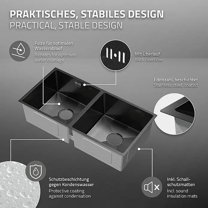ML-Design Einbauspüle Doppelbecken Anthrazit rechteckig Einbauspüle Unterbauspüle mit Siphon - 81,5 x 40 cm, Stahl