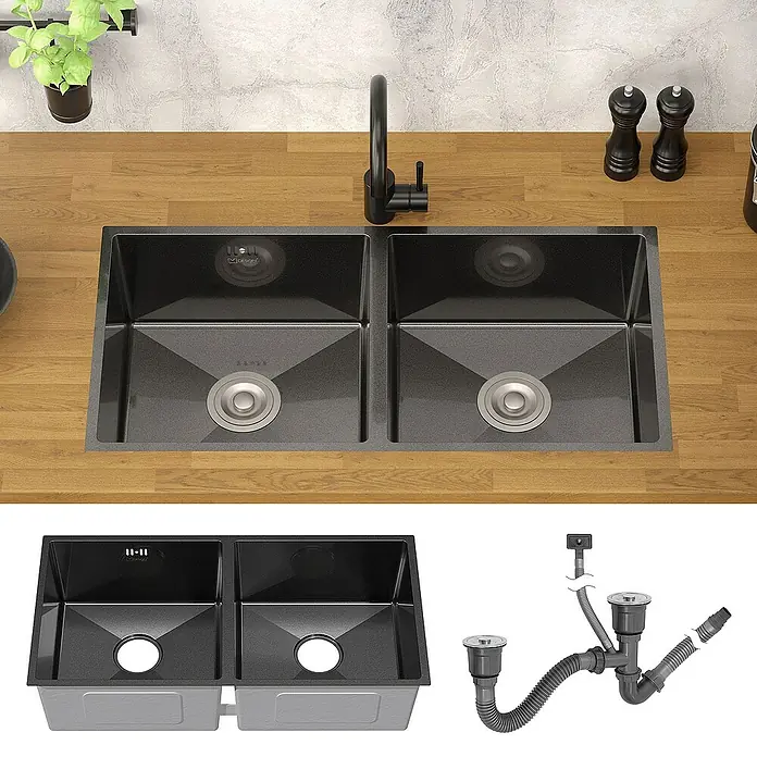 ML-Design Einbauspüle Doppelbecken Anthrazit rechteckig Einbauspüle Unterbauspüle mit Siphon - 81,5 x 40 cm, Stahl