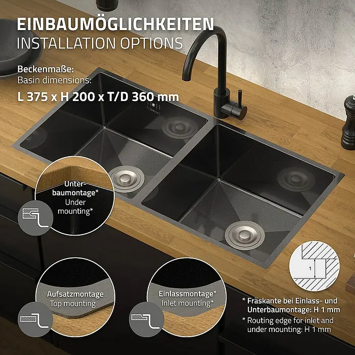 ML-Design Einbauspüle Doppelbecken Anthrazit rechteckig Einbauspüle Unterbauspüle mit Siphon - 81,5 x 40 cm, Stahl