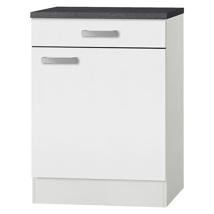 Optifit Oslo Küchen-Unterschrank - 60 x 60 x 84,8 cm, Weiß - Dieser stilvolle Unterschrank mit Schublade und Tür bietet praktischen Stauraum für Küche oder Bad. Die graue Arbeitsplatte rundet das Design ab.