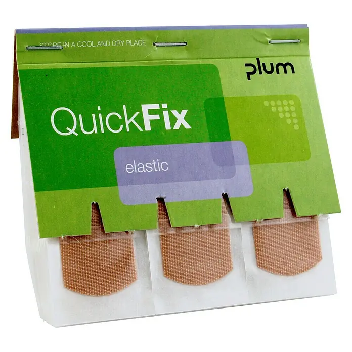 Leina-Werke Pflaster-Set QuickFix - 45 Stk., Elastisch - Nahaufnahme einer Packung Plum QuickFix elastischer Pflaster mit grüner Verpackung und sichtbaren einzelnen Pflastern.