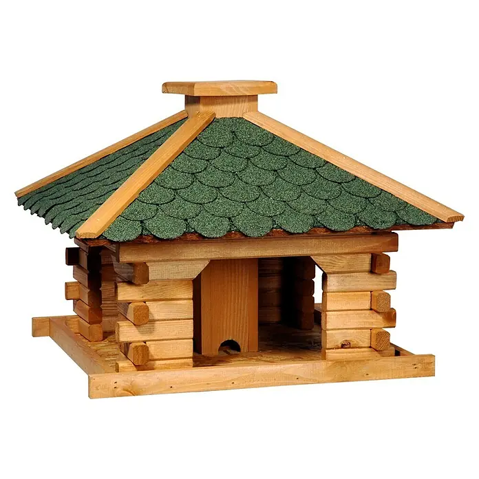 Dobar Vogelhaus Rustikal - 50 x 50 x 38 cm, Holz, Naturbraun/Grün - Ein detailreiches Holzvogelhaus im Blockhausstil mit einem grünen Schindeldach. Eine einladende Futterstelle für Gartenvögel.