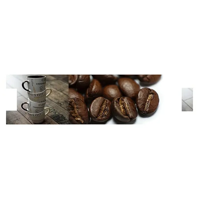 Cenefa para baldosas Café - 25 x 7 cm, Multicolor - Un primer plano de granos de café y tazas, mostrando indulgencia y aroma. Ideal para los amantes del café y entendidos.