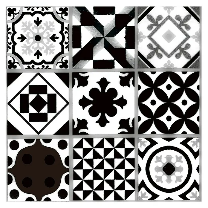 Cenefa para baldosas Mimir - 20 x 20 cm, Negro - Azulejos estampados en blanco y negro creando un aspecto vintage, ideales para la decoración de paredes.