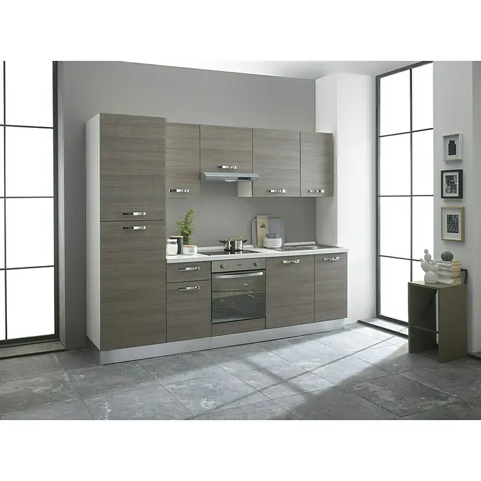 Marinelli Cucine Vormontierte Küchenzeile Rita - Breite: 270 cm, Eiche Grau, Mit Elektrogeräten - Küchenzeile in Holzoptik mit modernen Griffen und grosszügiger Arbeitsfläche, inklusive Geräten. Elegantes Design für die moderne Küche.