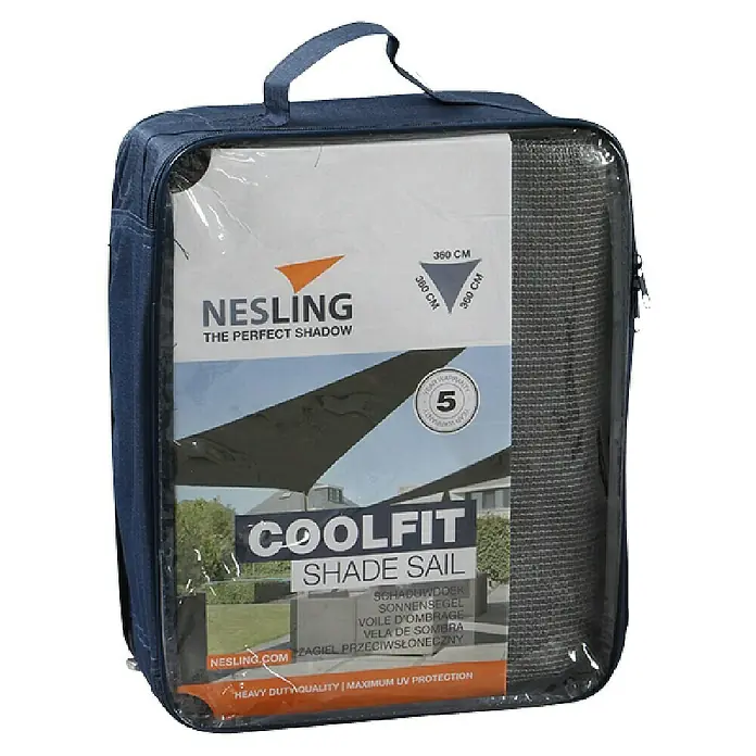 Nesling Sonnensegel Coolfit - L x B: 360 x 360 cm, Grau, Dreieckig - Bild einer verpackten, grauen, dreieckigen NESLING COOLFIT Shade Sail, mit dem Slogan "The Perfect Shadow" und UV-Schutz.