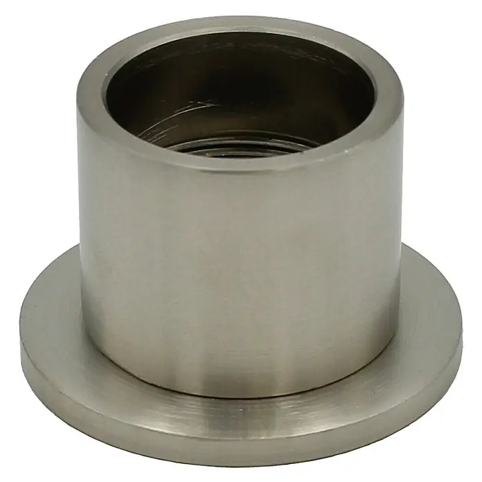 Expo Ambiente Wandlager - Edelstahloptik, Geeignet für: Gardinenstangen Ø 28 mm - Nahaufnahme eines silberfarbenen Metallflansches mit Innengewinde, ideal für industrielle Anwendungen und mechanische Verbindungen.