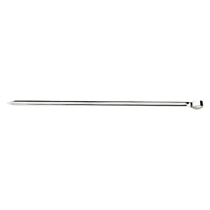 Tramontina Churrasco Grillspieß - Länge: 30 cm, 6 -tlg. - Nahaufnahme eines silbernen Zubehörteils oder eines Stabs mit abgerundetem Ende auf schwarzem Hintergrund.