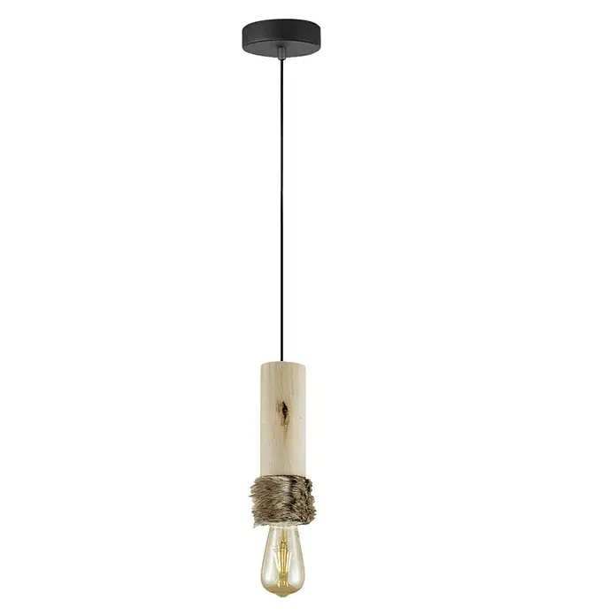 Home Sweet Home Pendelleuchte Furdy - Höhe: 130 cm - Eine Pendelleuchte mit einem zylindrischen Holzsockel, einem Fellakzent und einer Edison-Glühbirne. Moderne Beleuchtung für stilvolle Räume.