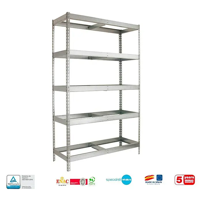 Simonrack Simonforte Estantería para cargas pesadas - Al x An x Pr: 200 x 240 x 60 cm, Número de baldas: 5 ud., Inserción, Galvanizado, Capacidad de carga por balda: 400 kg - Estantería plateada con cinco estantes para almacenamiento.