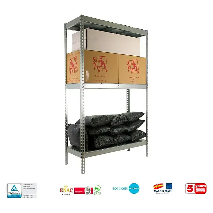 Simonrack Simonforte Estantería para cargas pesadas Metal - Al x An x Pr: 200 x 240 x 90 cm, Capacidad de carga por balda: 400 kg, Número de baldas: 3 ud., Inserción, Gris grafito - Captura de una estantería metálica plateada de tres niveles, cargada con cajas y artículos envueltos en plástico.