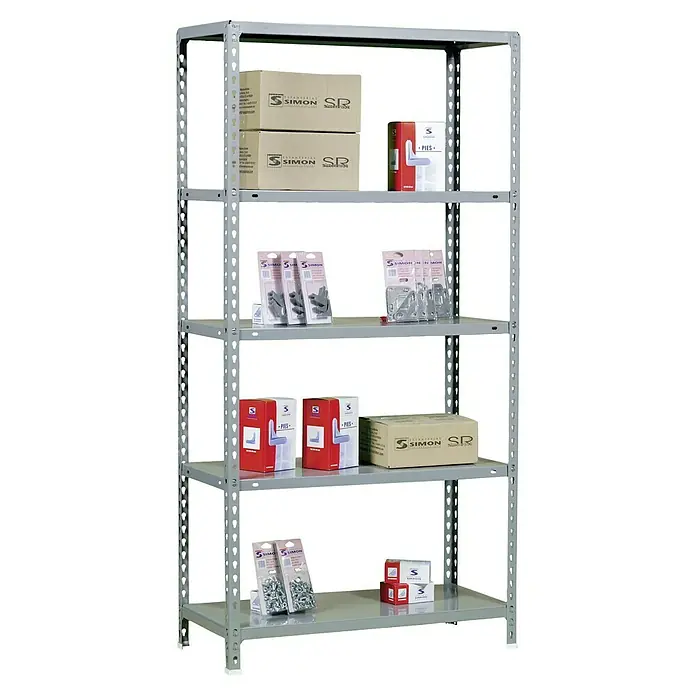 Simonrack Simonclick Metallregal Ecoclick Mini - H x B x T: 180 x 80 x 40 cm, Traglast pro Boden: 70 kg, Anzahl Böden: 5 Stk., Stecken, Grau - Ein graues Regal mit fünf Ebenen, gefüllt mit verschiedenen verpackten Waren, darunter Kartons und kleinere Produktverpackungen.