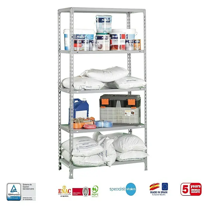 Simonrack Simonclick Estantería metálica Ecoclick Mini - Al x An x Pr: 180 x 80 x 40 cm, Capacidad de carga por balda: 70 kg, Número de baldas: 5 ud., Inserción, Galvanizado - Estantería metálica gris con cinco niveles, cargada con envases de pintura, sacos y caja de herramientas. Solución de almacenaje práctica.