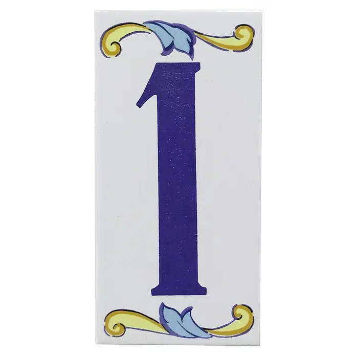Pavimento cerámico Número 1 - 7,5 x 15 cm, Blanco/Azul/Amarillo, Brillante - Azulejo decorativo con el número uno azul, adornado con adornos ornamentales amarillos y azules, perfecto para números de casa o coleccionistas.