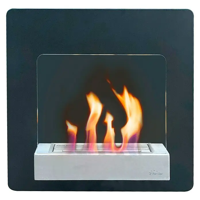 Purline Chimenea de bioetanol Hypnos - L x An x Al: 20 x 60 x 60 cm, Negro - Moderna chimenea de bioetanol de Purline con marco negro y base plateada, creando un ambiente acogedor.