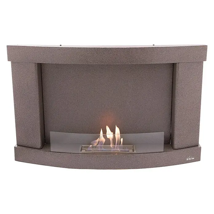 Purline Chimenea de bioetanol Alseide - L x An x Al: 22 x 79 x 71 cm, Negro - Primer plano de una chimenea de etanol moderna con marco gris y vidrio protector, que ofrece un ambiente limpio y elegante.
