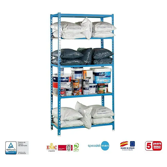 Simonrack Maderclick Estantería metálica Mini - Al x An x Pr: 180 x 80 x 30 cm, Capacidad de carga por balda: 150 kg, Número de baldas: 5 ud., Inserción, Azul - Estantería metálica azul con cinco estantes, llena de diversos materiales de construcción y pinturas.