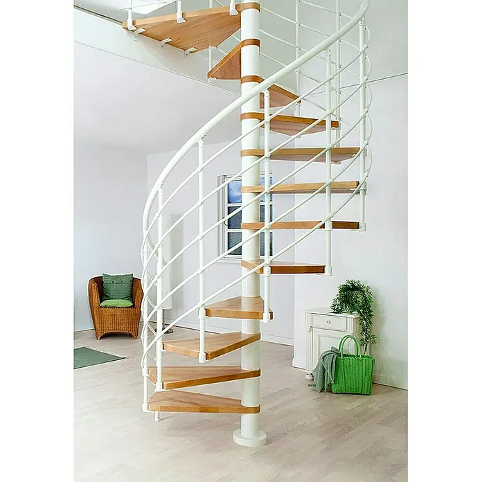 Dolle Spindeltreppe Oslo - Durchmesser: 120 cm, Weiß, Farbe Stufen: Buche Natur, Geschosshöhe: 252 cm - 276 cm - Elegante Wendeltreppe mit Holzstufen und weißem Geländer, die ein modernes Wohnambiente bereichert. Der Blickfang für stilvolle Inneneinrichtung.