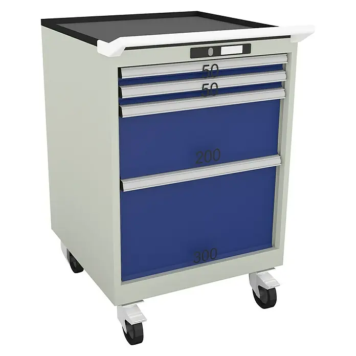 Lista Rollwagen - 564 x 572 x 890 mm - Werkstattwagen mit grauen Metallgehäuse, mehreren Schubladen in Blau und Rädern. Der Werkzeugwagen bietet viel Stauraum für Werkzeug und Zubehör.
