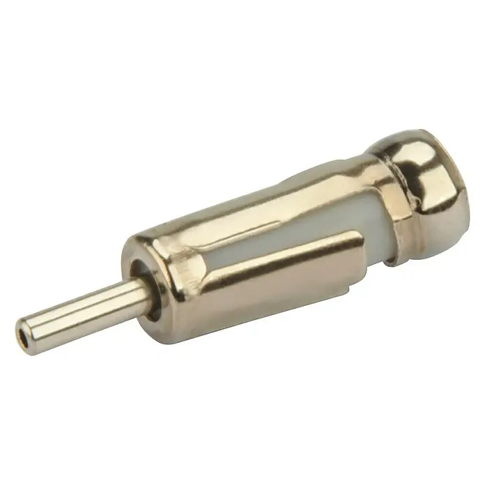 Cartrend Antennenkabel-Adapter - Passend für: Kabel 150 Ohm - Nahaufnahme eines Antennensteckers für Autoradios, der auf einem schwarzen Hintergrund liegt. Silbernes Finish für optimale Signalübertragung.