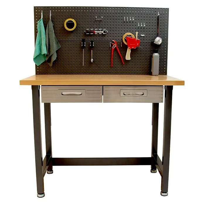 Werkbank mit Lochwand - L x B: 62 x 122 cm, Arbeitshöhe: 156 cm, Belastbarkeit: 195 kg, Anthrazit/Silber - Ein Werkstatttisch mit Werkzeugwand. Perfekt für Heimwerkerprojekte und Werkstattorganisation mit praktischen Aufbewahrungslösungen.