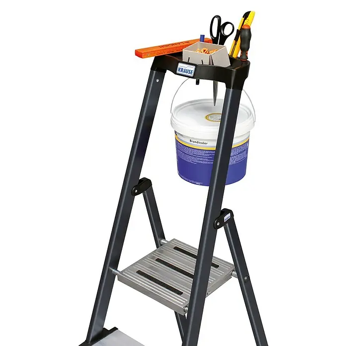 Krause Monto Stehleiter Securo - Arbeitshöhe: 3,7 m, Anzahl Tritte: 8 Stk., Belastbarkeit: 150 kg, Aluminium - Krause Klapptritt mit Werkzeug und Farbeimer, ideal für Malerarbeiten. Sicherer Stand und praktische Ablagefläche für Werkzeug und Farbe.