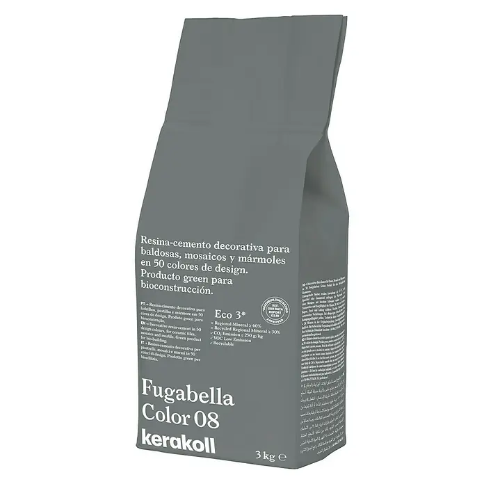Kerakoll Mortero para juntas - cemento Fugabella - Color: 08, 3 kg - Esta es una bolsa gris de Fugabella Color 08 de Kerakoll, un cemento de resina decorativo para azulejos, mosaicos y mármol.
