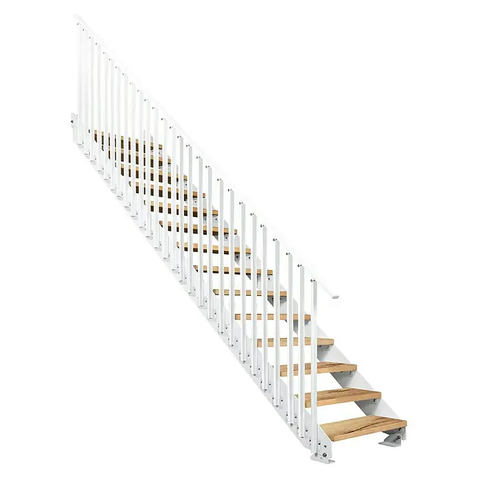 Atrium Wangentreppe Prosto Vertical - Farbton Metall: RAL 9003, Breite: 80 cm, Eiche, 27 Geländerpfosten, Geschosshöhe: 247,5 cm - 285 cm - Diese elegante Treppe mit Holzstufen und einem weißen Geländer fügt sich nahtlos in moderne Innenräume ein. Die klare Linienführung betont die offene Bauweise.