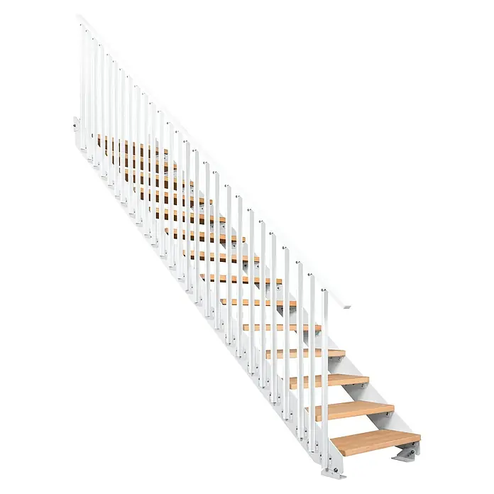 Atrium Wangentreppe Prosto Vertical - Farbton Metall: RAL 9003, Breite: 80 cm, Buche, 27 Geländerpfosten, Geschosshöhe: 247,5 cm - 285 cm - Eine moderne Treppe mit weißen Geländern und hellen Holzstufen, die ein stilvolles und offenes Design bietet. Ideal für moderne Innenräume.