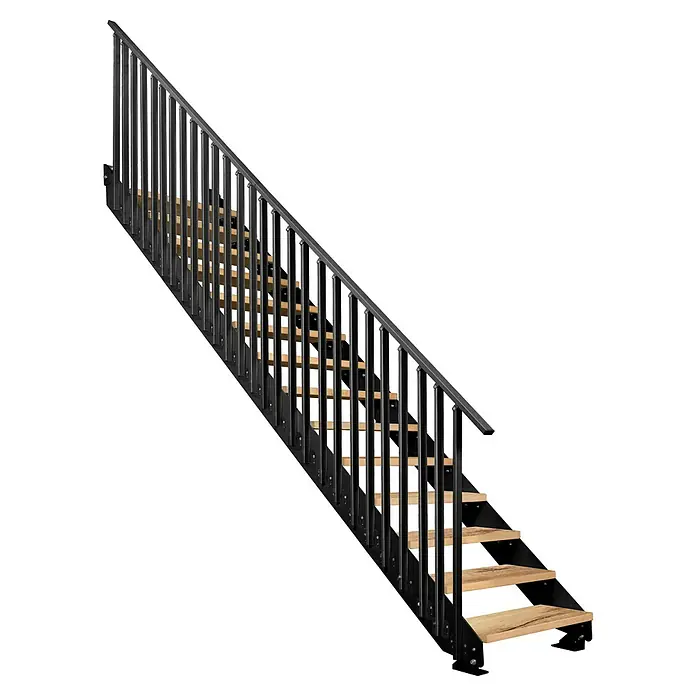 Atrium Wangentreppe Prosto Vertical - Farbton Metall: RAL 9005, Breite: 80 cm, Eiche, 27 Geländerpfosten, Geschosshöhe: 247,5 cm - 285 cm - Treppe mit schwarzen Metallgeländern und hellen Holzstufen, die ein modernes und stilvolles Design für den Innenbereich bietet.
