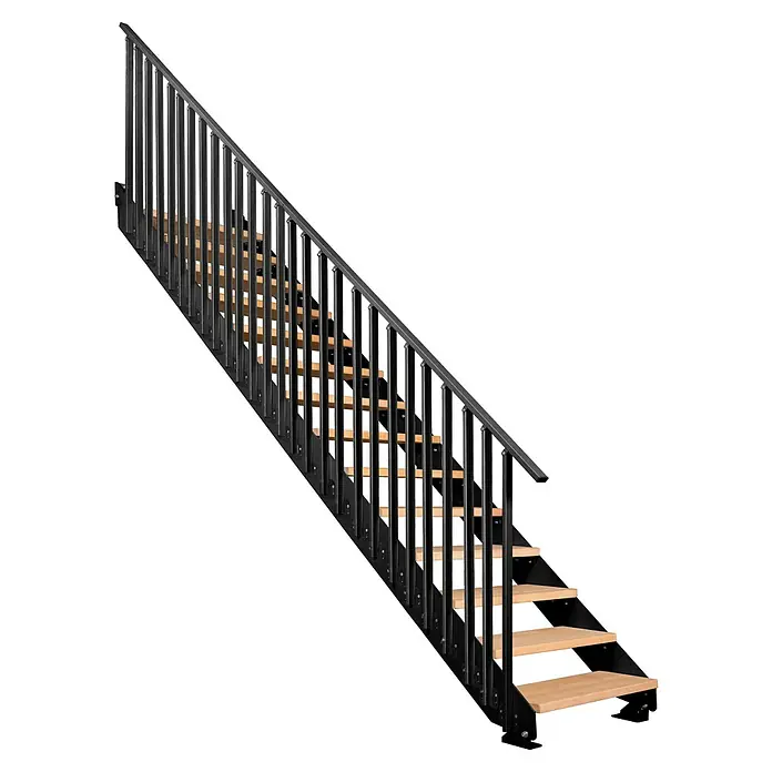 Atrium Wangentreppe Prosto Vertical - Farbton Metall: RAL 9005, Breite: 80 cm, Buche, 27 Geländerpfosten, Geschosshöhe: 247,5 cm - 285 cm - Eine elegante Treppe mit schwarzen Metallgeländern und hellen Holzstufen. Ideal für moderne Innenräume, die Stil und Funktionalität verbinden.