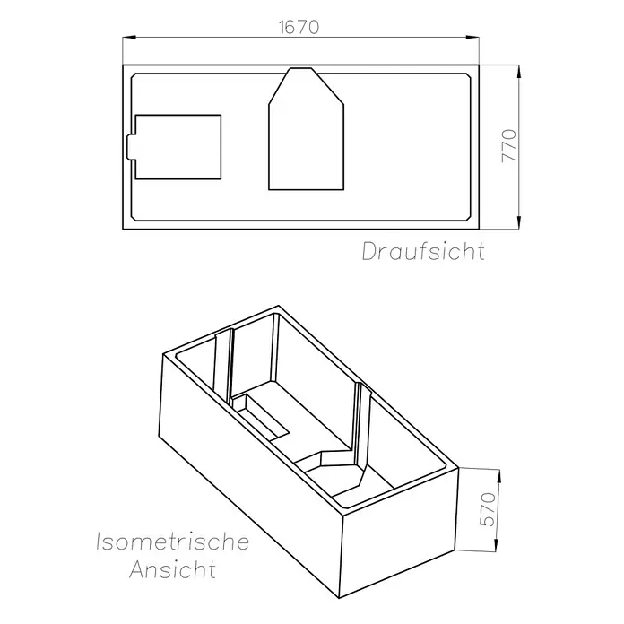 Ottofond Badewannenträger Palermo - Passend für: Badewanne Palermo 170 x 80 cm - Draufsicht und isometrische Ansicht einer Badewanne mit den Maßen 1670x770x570 mm. Technische Zeichnung für Badplanung.
